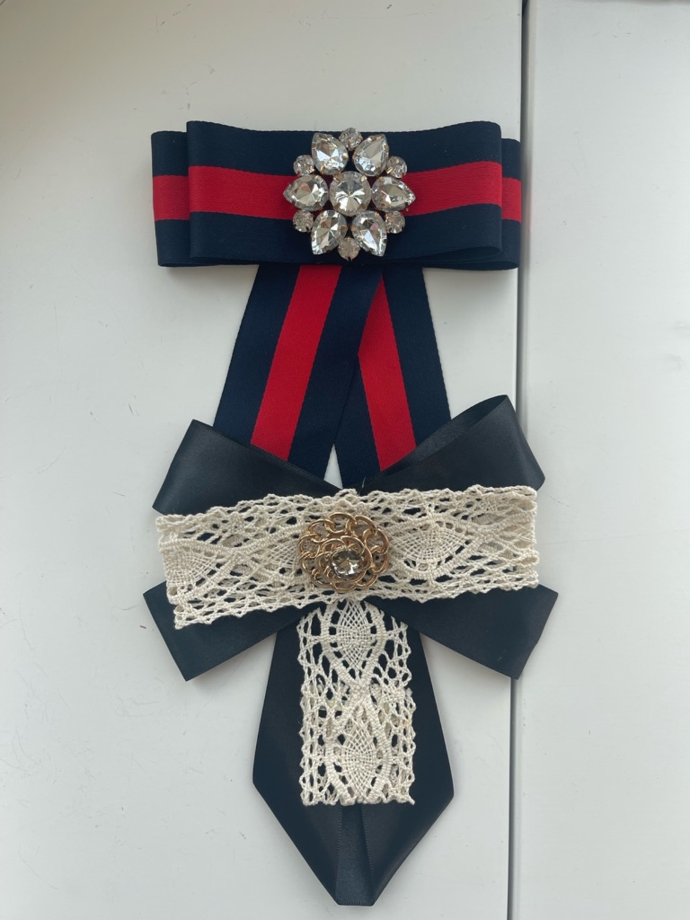 Two Decorative Navy and Red Ribbon Brooch with Lace Accent